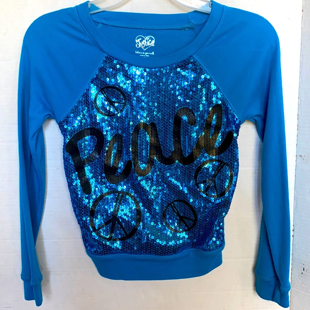 Justice Girls Sparkly Sequined Blue/Black Peace Shirt